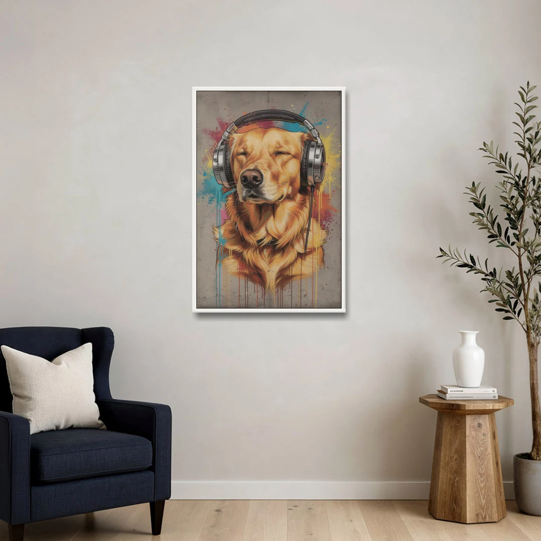 Graffiti Golden Retriever with Headphones - White Framed Canvas Wall Art - Sofa - 24x36