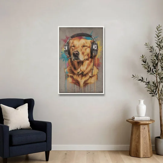 Graffiti Golden Retriever with Headphones - White Framed Canvas Wall Art - Sofa - 24x36