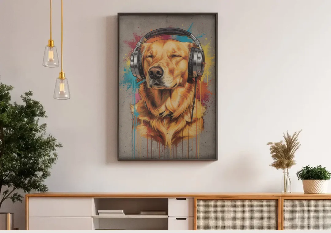 Graffiti Golden Retriever with Headphones canvas wall art above a wooden sideboard under pendant lights