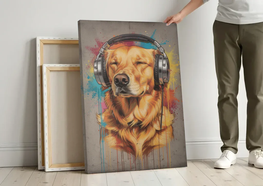 Graffiti Golden Retriever with Headphones canvas wall art leaning against a wall next to blank canvases