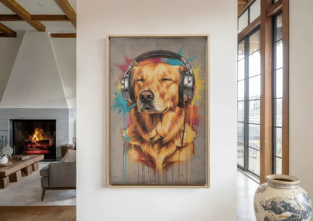 Graffiti Golden Retriever with Headphones canvas wall art in a living room with a fireplace