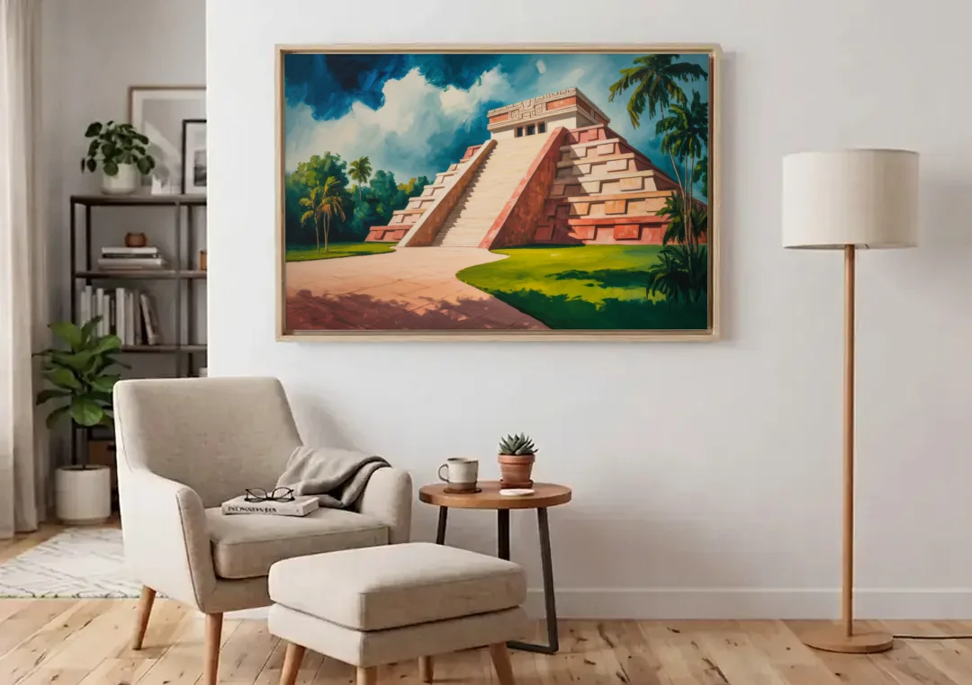 Gran Museo del Mundo Maya canvas wall art above an armchair in a bright living room