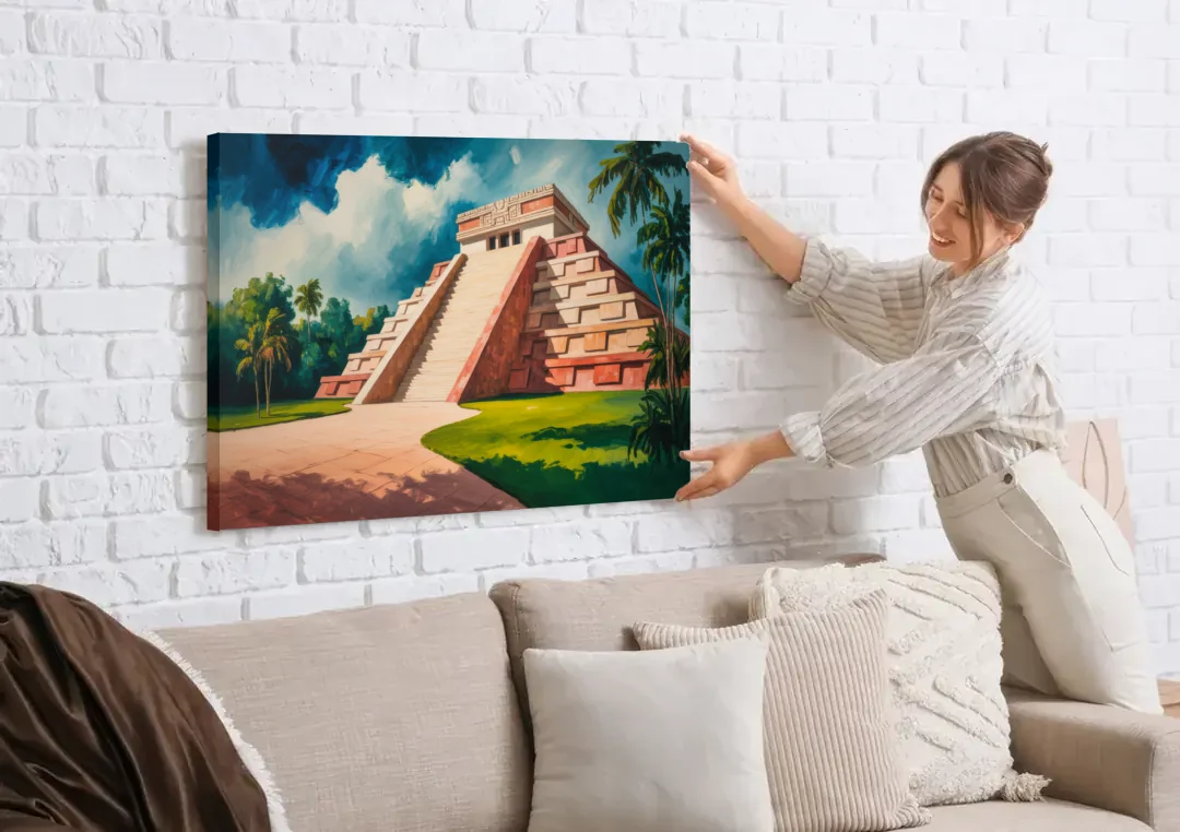 Gran Museo del Mundo Maya canvas wall art being hung on a white brick wall above a sofa