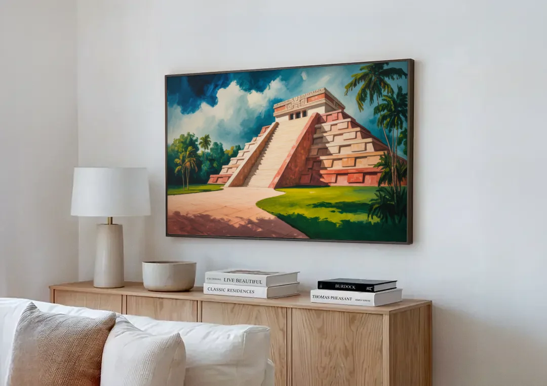 Gran Museo del Mundo Maya canvas wall art above a wooden sideboard next to a sofa