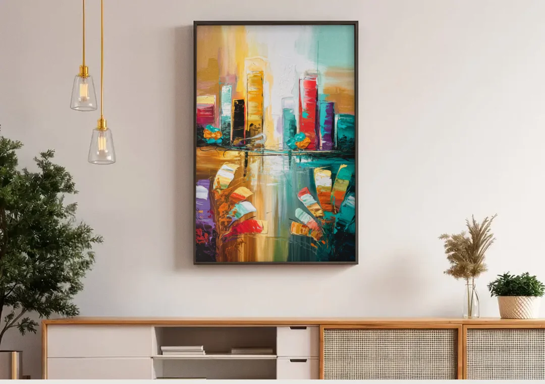 Grand Rapids Artistic City Vibes canvas wall art above a wooden sideboard under pendant lights