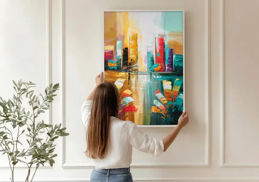 Grand Rapids Artistic City Vibes canvas wall art being hung on a paneled wall