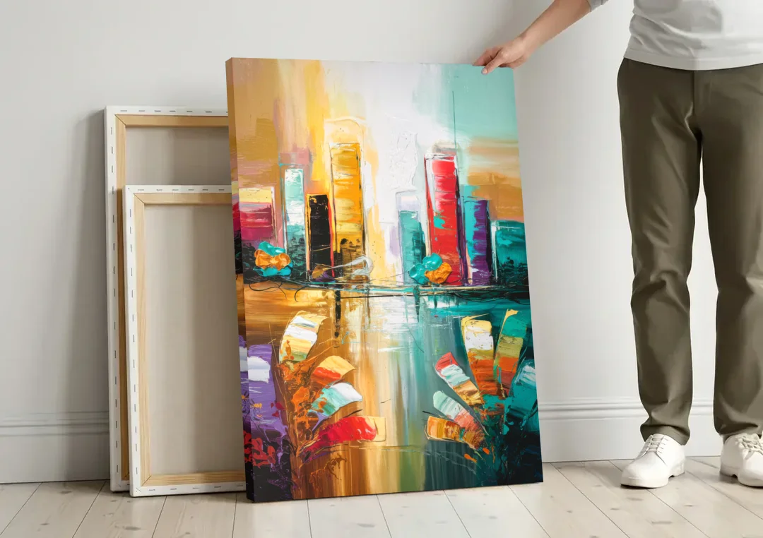 Grand Rapids Artistic City Vibes canvas wall art leaning against a wall next to blank canvases