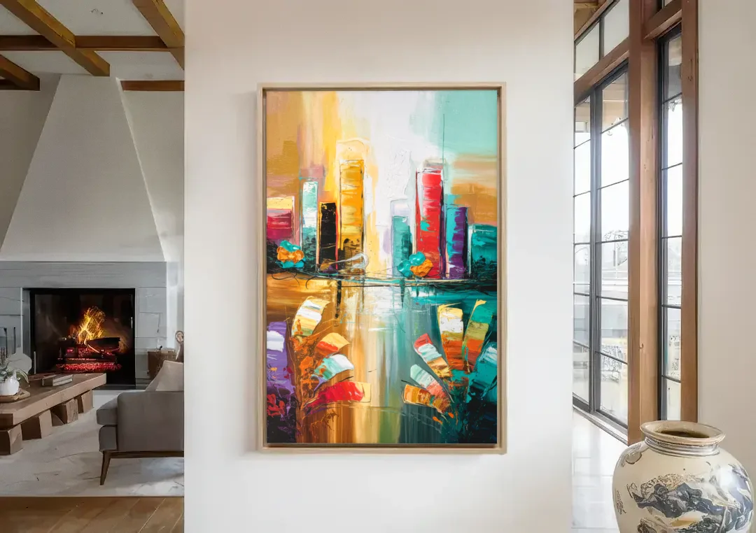 Grand Rapids Artistic City Vibes canvas wall art in a living room with a fireplace