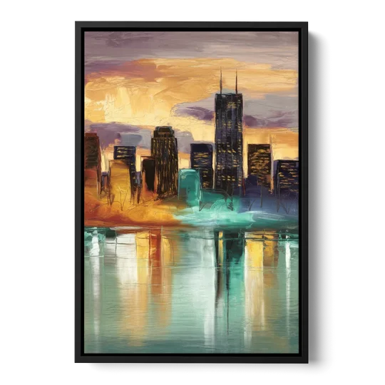 Grand Rapids Cityscape Reflections - Black Framed Canvas Wall Art - Front