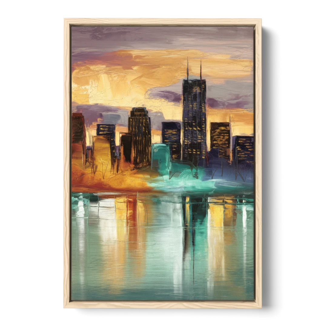 Grand Rapids Cityscape Reflections - Oak Framed Canvas Wall Art - Front