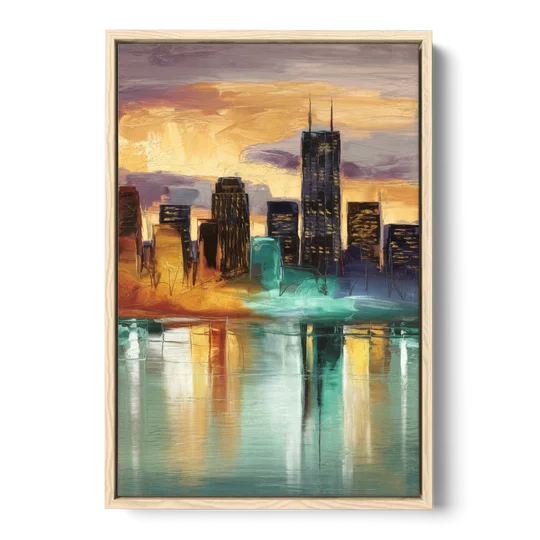 Grand Rapids Cityscape Reflections - Oak Framed Canvas Wall Art - Front