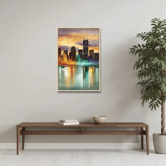 Grand Rapids Cityscape Reflections - Oak Framed Canvas Wall Art - Coffee Table - 24x36