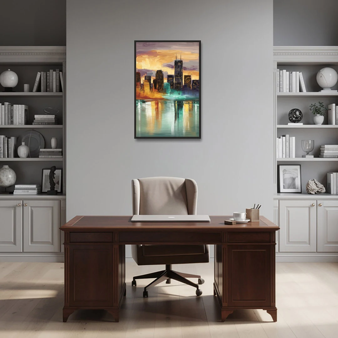 Grand Rapids Cityscape Reflections - Black Framed Canvas Wall Art - Office - 24x36