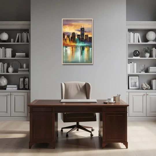 Grand Rapids Cityscape Reflections - Oak Framed Canvas Wall Art - Office - 24x36