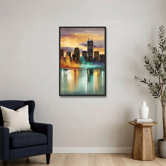 Grand Rapids Cityscape Reflections - Black Framed Canvas Wall Art - Sofa - 24x36