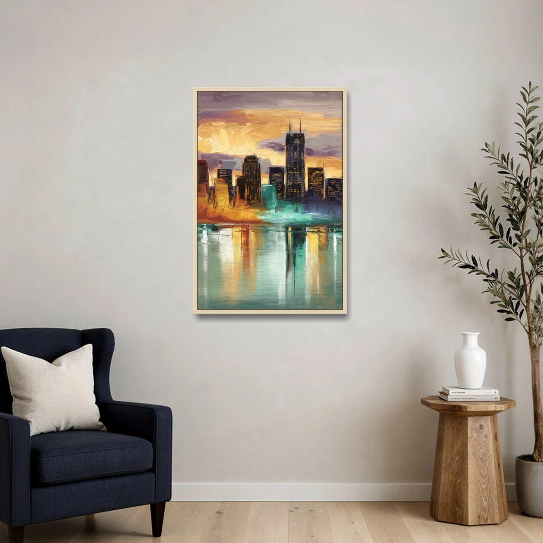 Grand Rapids Cityscape Reflections - Oak Framed Canvas Wall Art - Sofa - 24x36