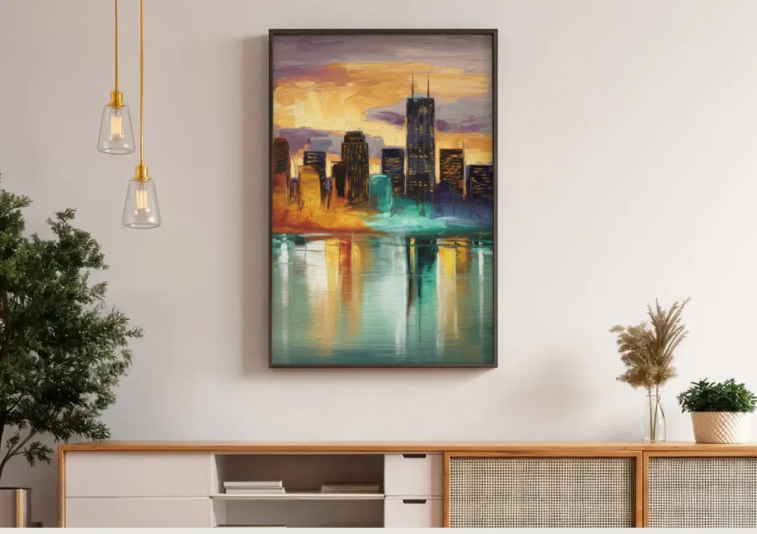 Grand Rapids Cityscape Reflections canvas wall art above a wooden sideboard under pendant lights