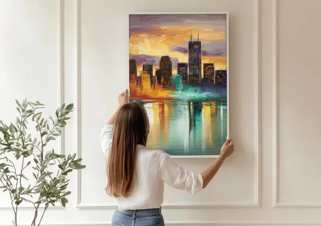 Grand Rapids Cityscape Reflections canvas wall art being hung on a paneled wall