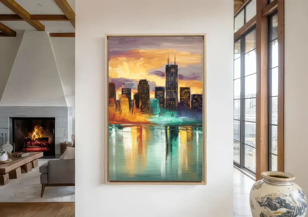 Grand Rapids Cityscape Reflections canvas wall art in a living room with a fireplace