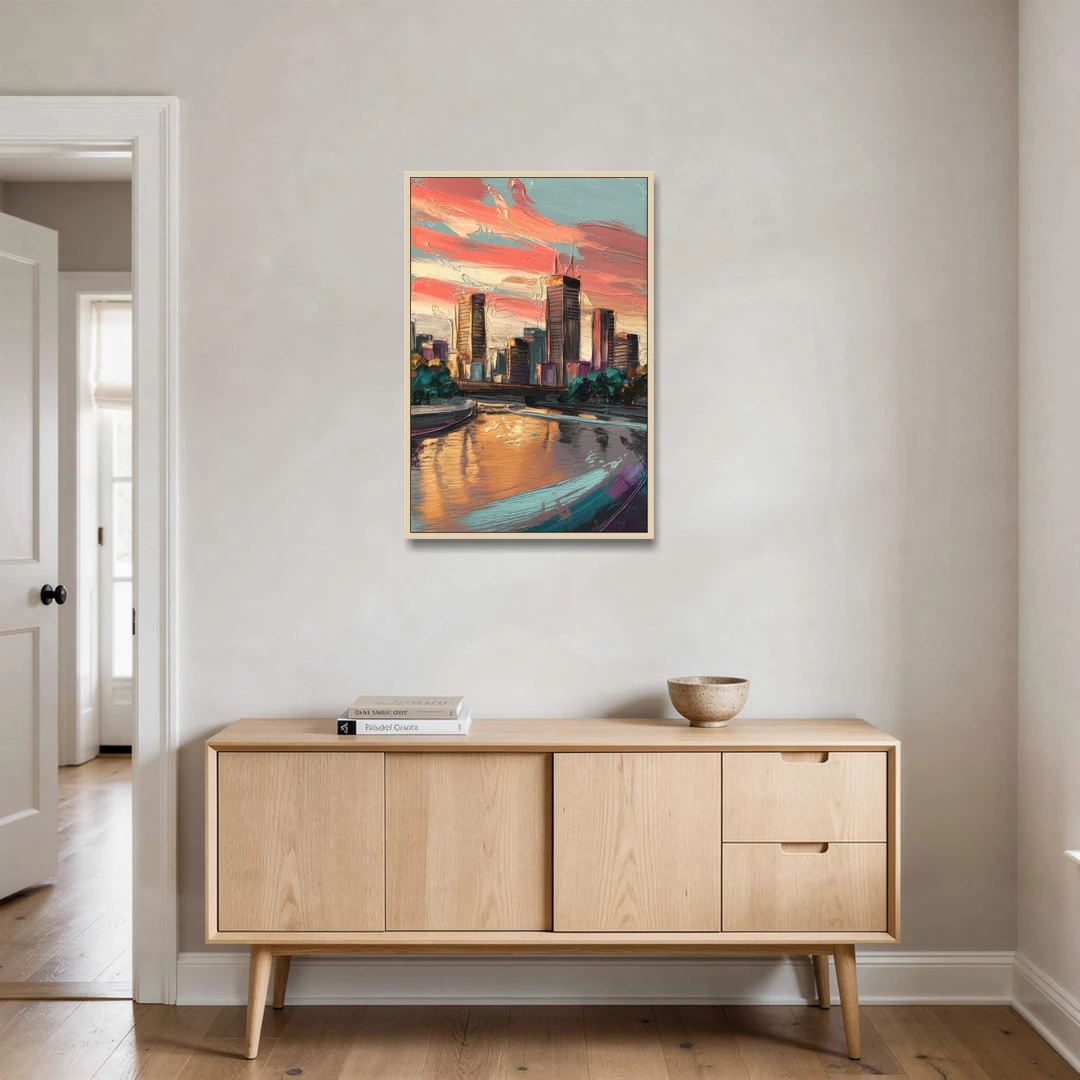 Grand Rapids Downtown Skyline - Oak Framed Canvas Wall Art - Coffee Table - 24x36