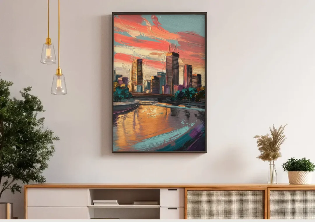 Grand Rapids Downtown Skyline canvas wall art above a wooden sideboard under pendant lights