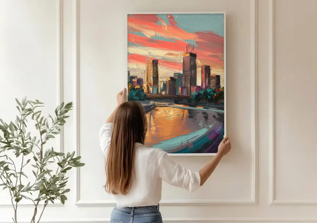 Grand Rapids Downtown Skyline canvas wall art being hung on a paneled wall