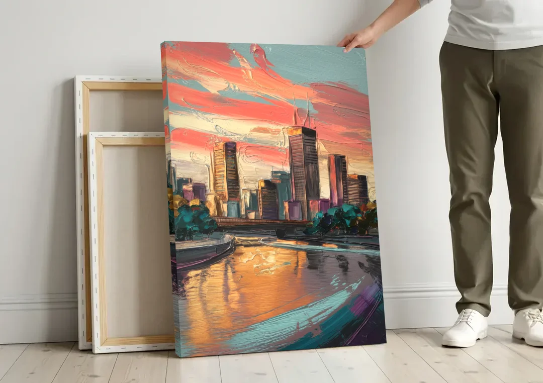 Grand Rapids Downtown Skyline canvas wall art leaning against a wall next to blank canvases