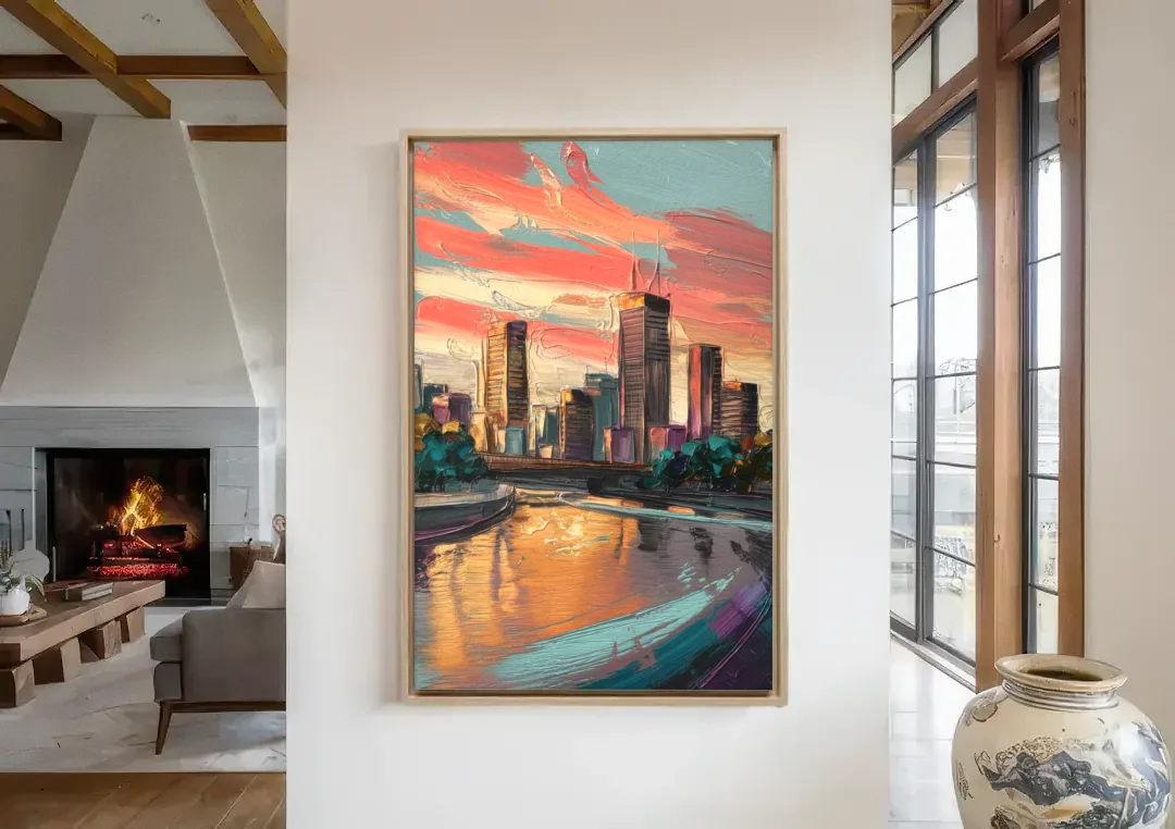 Grand Rapids Downtown Skyline canvas wall art in a living room with a fireplace