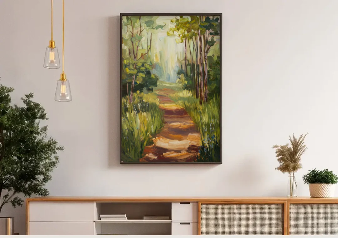 Grand Rapids Forest and Trails canvas wall art above a wooden sideboard under pendant lights