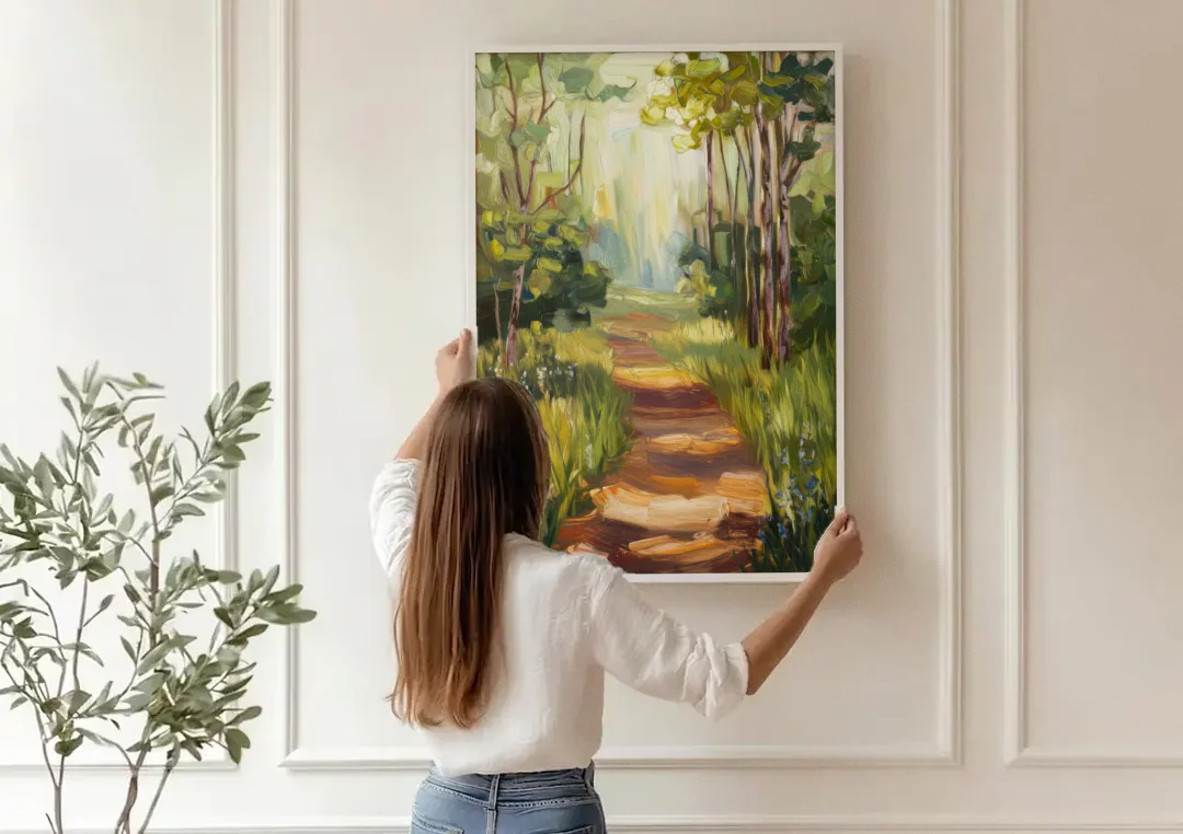Grand Rapids Forest and Trails canvas wall art being hung on a paneled wall