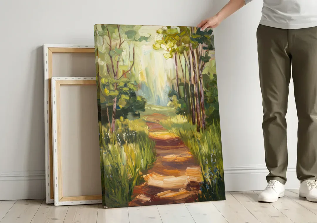 Grand Rapids Forest and Trails canvas wall art leaning against a wall next to blank canvases