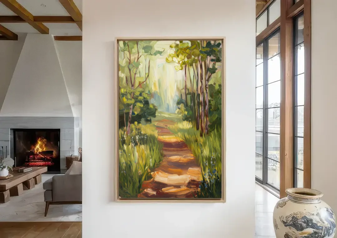 Grand Rapids Forest and Trails canvas wall art in a living room with a fireplace