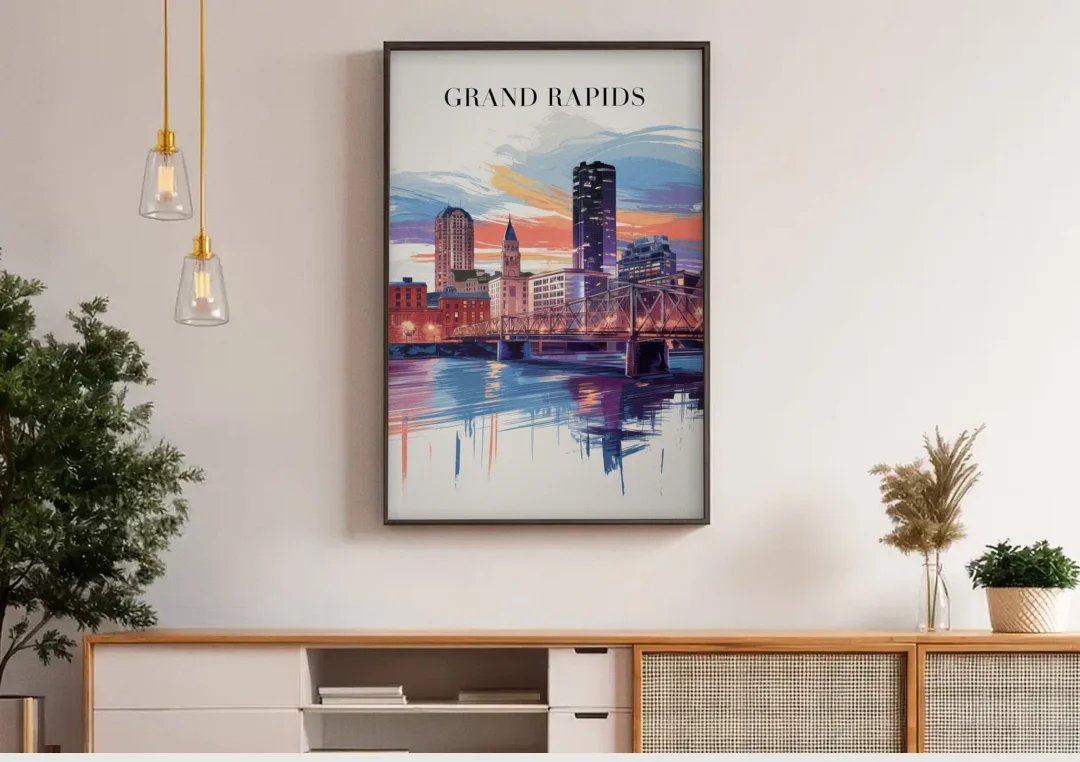 Grand Rapids Historic Landmarks canvas wall art above a wooden sideboard under pendant lights