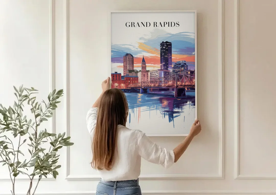 Grand Rapids Historic Landmarks canvas wall art being hung on a paneled wall
