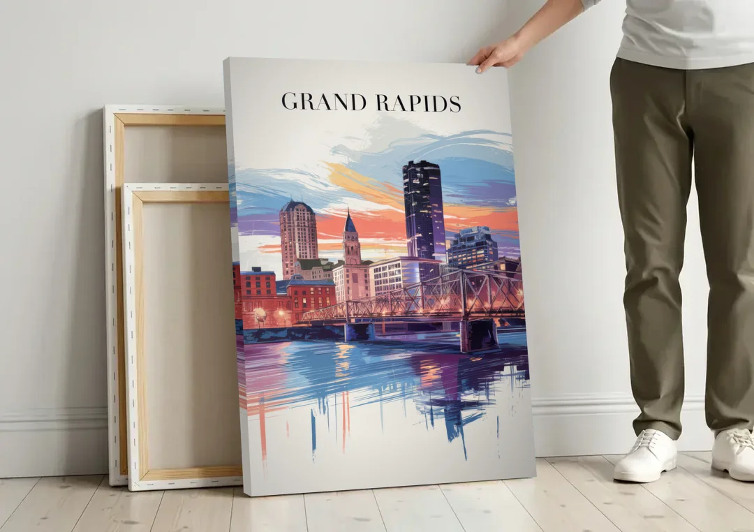 Grand Rapids Historic Landmarks canvas wall art leaning against a wall next to blank canvases