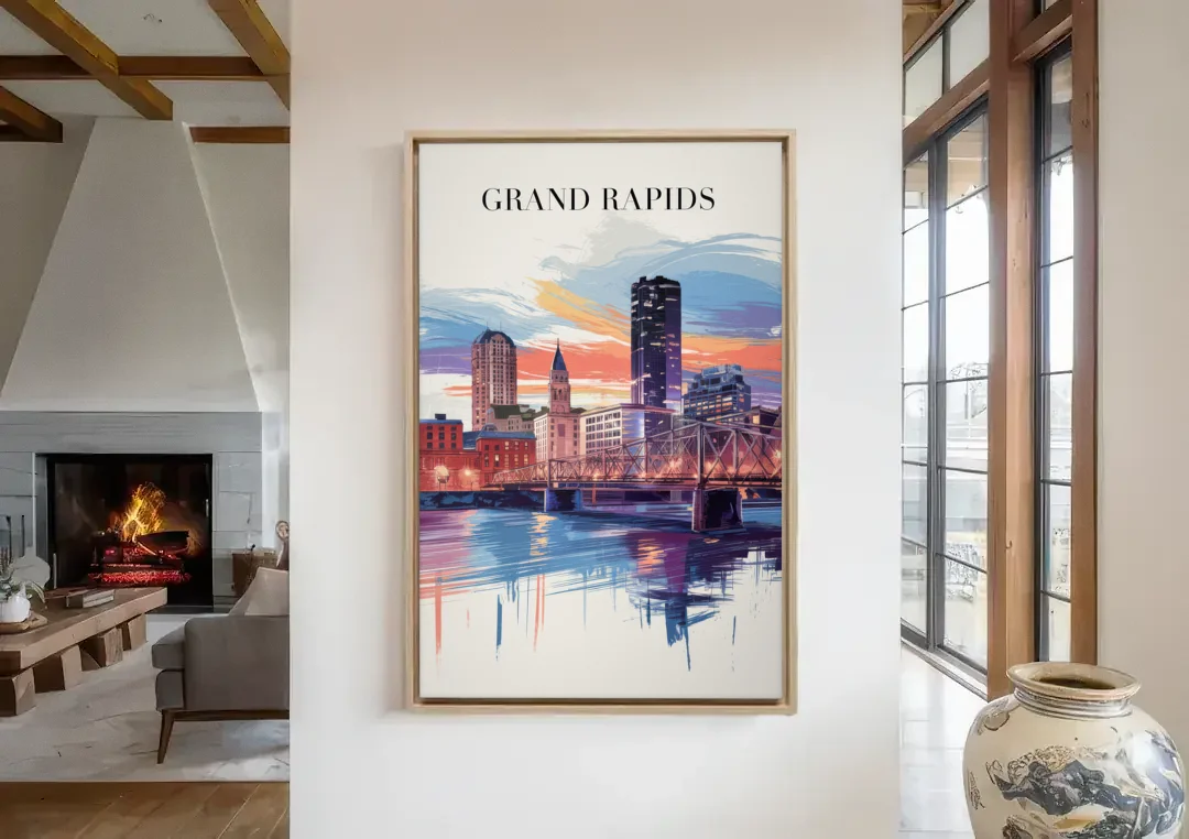 Grand Rapids Historic Landmarks canvas wall art in a living room with a fireplace