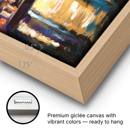 Grand Rapids Nighttime Skyline Glow - Oak Framed Canvas Wall Art - Gallery Wrap Corner