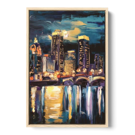 Grand Rapids Nighttime Skyline Glow - Oak Framed Canvas Wall Art - Front