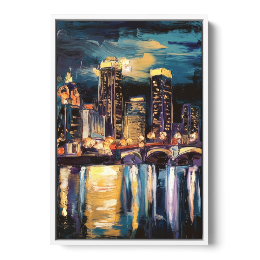 Grand Rapids Nighttime Skyline Glow - White Framed Canvas Wall Art - Front