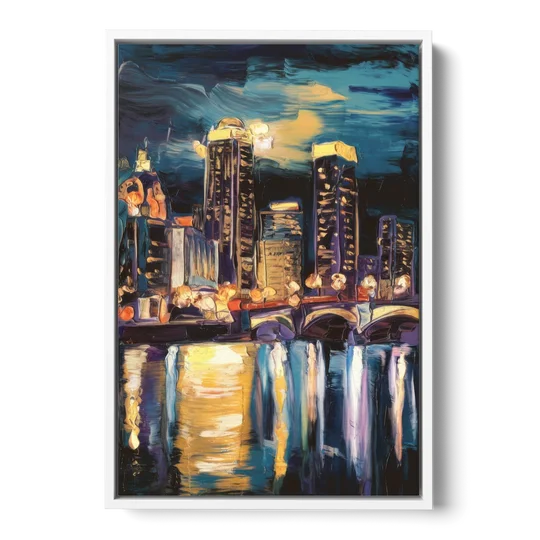 Grand Rapids Nighttime Skyline Glow - White Framed Canvas Wall Art - Front