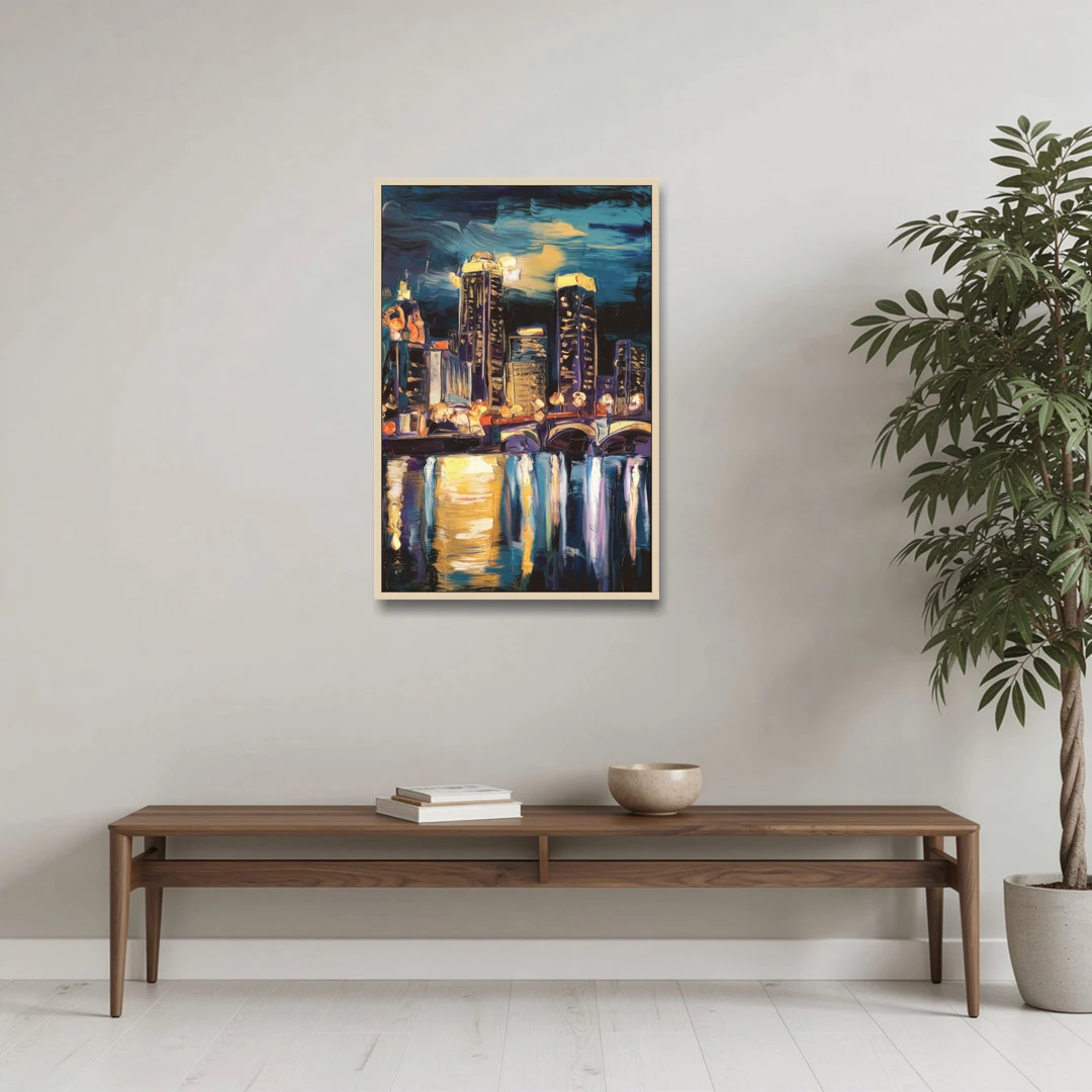 Grand Rapids Nighttime Skyline Glow - Oak Framed Canvas Wall Art - Coffee Table - 24x36