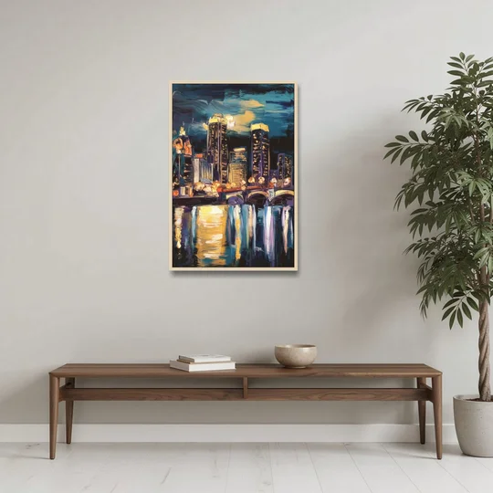 Grand Rapids Nighttime Skyline Glow - Oak Framed Canvas Wall Art - Coffee Table - 24x36