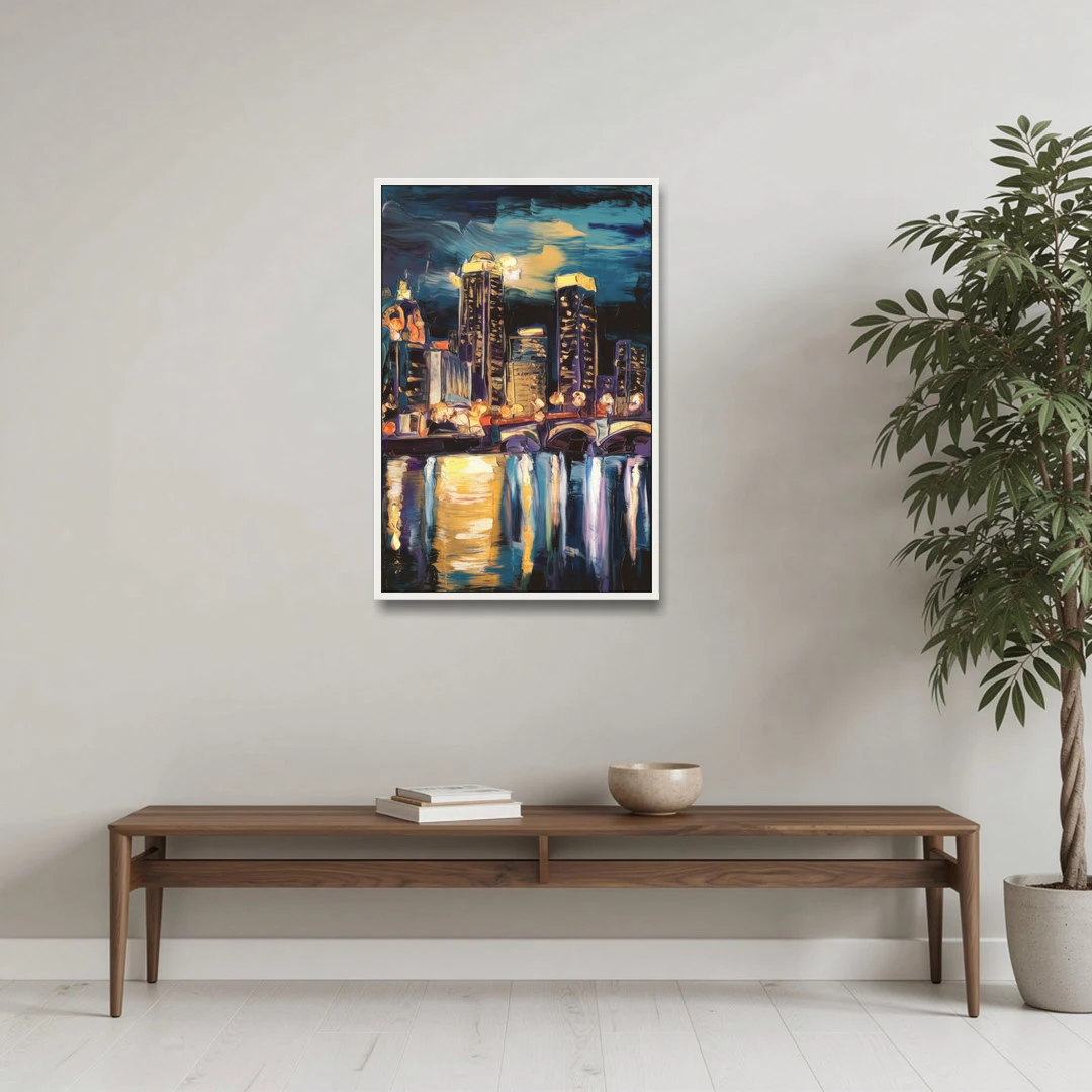Grand Rapids Nighttime Skyline Glow - White Framed Canvas Wall Art - Coffee Table - 24x36
