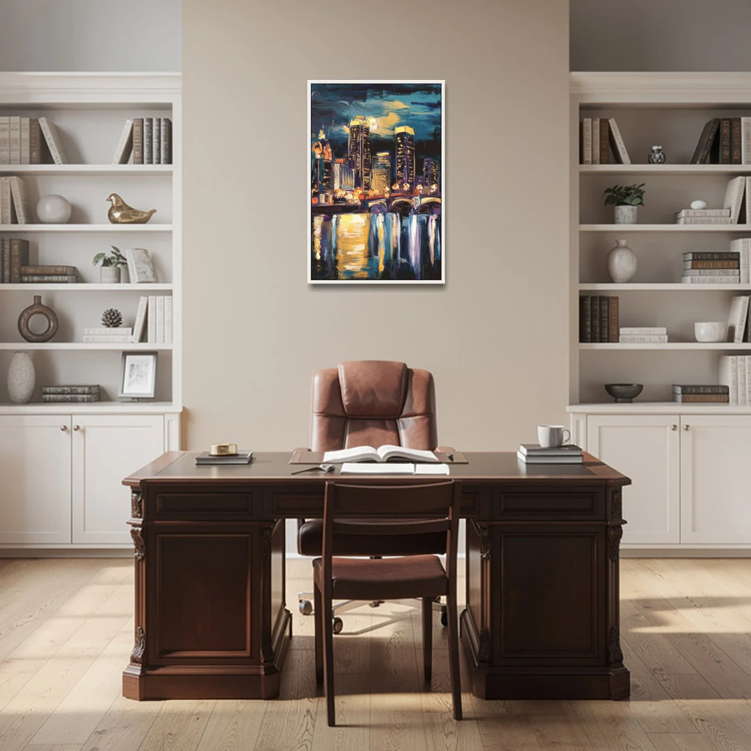 Grand Rapids Nighttime Skyline Glow - White Framed Canvas Wall Art - Office - 24x36