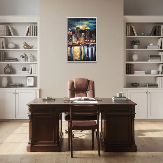 Grand Rapids Nighttime Skyline Glow - White Framed Canvas Wall Art - Office - 24x36