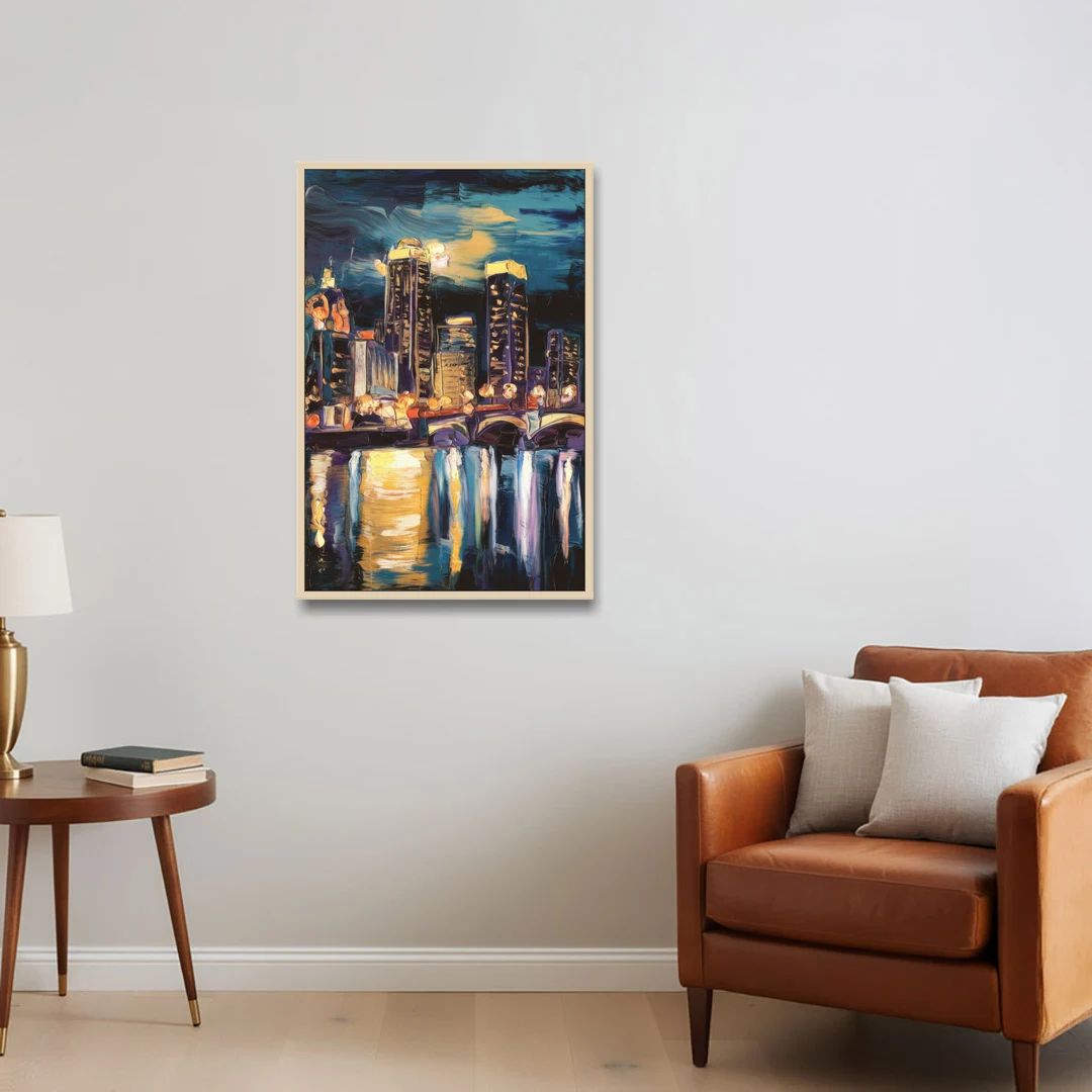 Grand Rapids Nighttime Skyline Glow - Oak Framed Canvas Wall Art - Sofa - 24x36