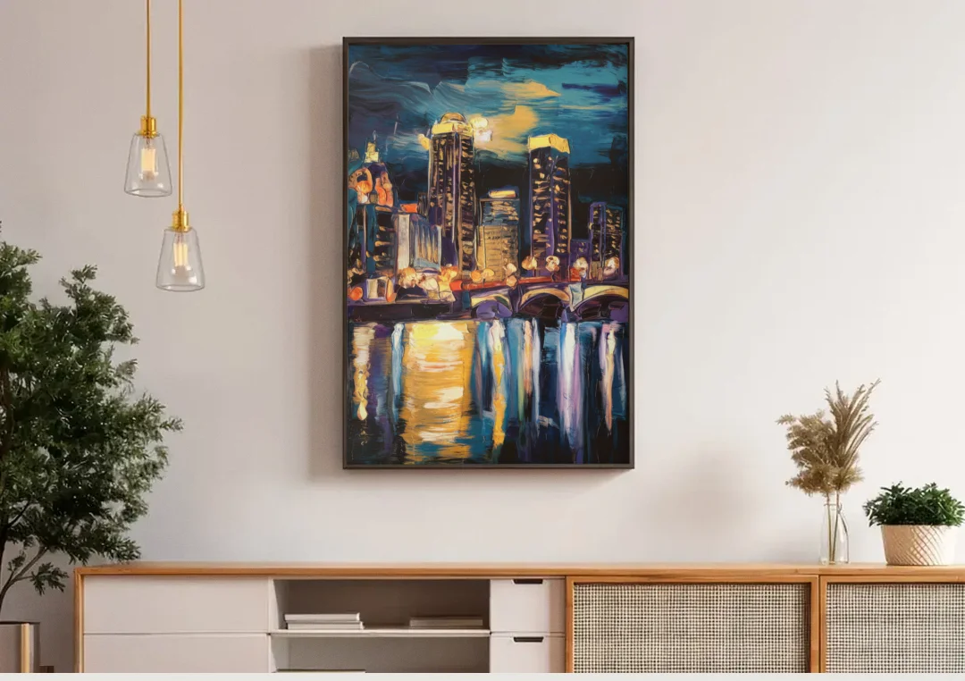 Grand Rapids Nighttime Skyline Glow canvas wall art above a wooden sideboard under pendant lights