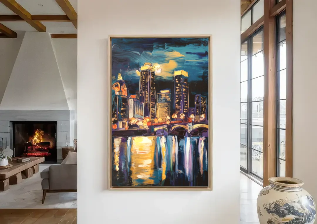 Grand Rapids Nighttime Skyline Glow canvas wall art in a living room with a fireplace