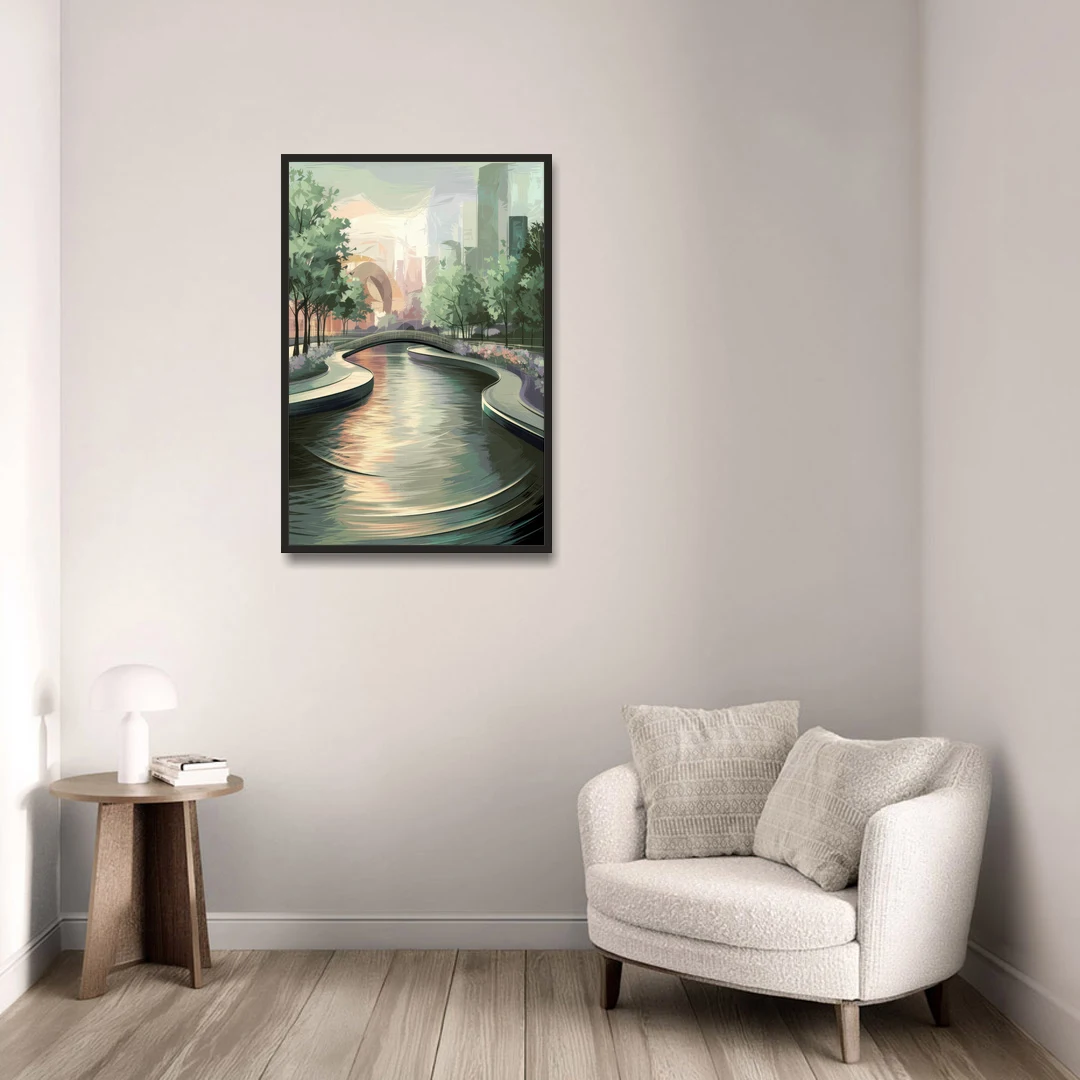 Grand Rapids Riverwalk Serenity - Black Framed Canvas Wall Art - Sofa - 24x36