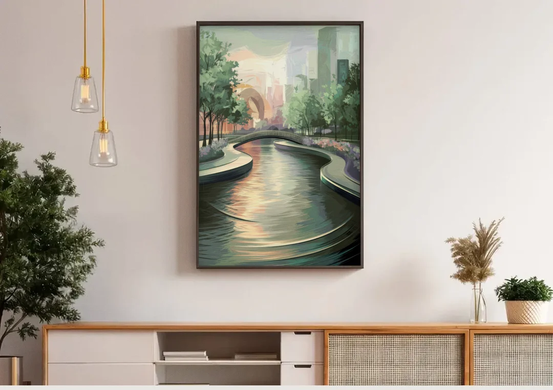 Grand Rapids Riverwalk Serenity canvas wall art above a wooden sideboard under pendant lights